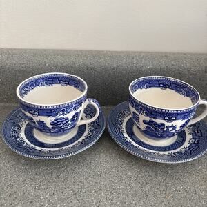 Two Johnson Brothers Willow Blue Tea Cup & Saucer Set